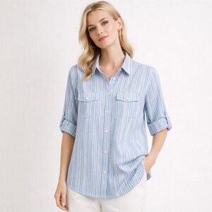 PARAGON | White & Blue Striped Roll Sleeve Button-Up Top – Women’s Medium
